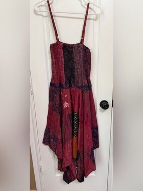 H071 New etc Free Size pp 12-22 Boho Patchwork Spaghetti Strap Dress in Burgundy